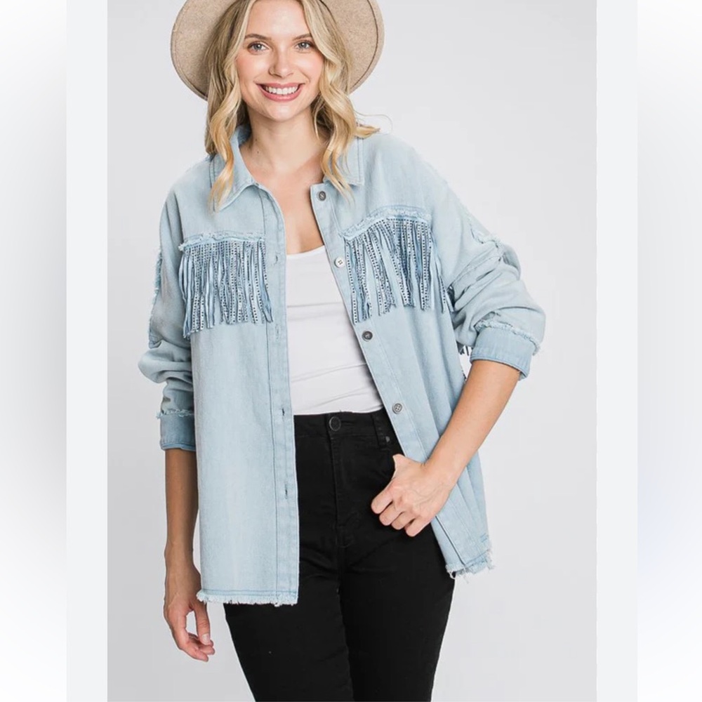 ELLEBORN Light Blue Denim Fringe Shacked Frayed Detail Front & Back / Size Small